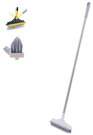 2 In 1 Floor Scrub Cleaning Brush Wiper, Floor Scrub Brush with Long Handle and Squeegee, Bathroom Wiper with 120 Degree Removable Rotatable Head, for Cleaning Patio, Bathroom (White)