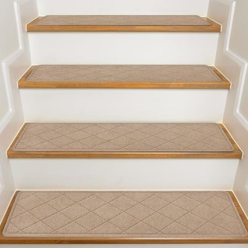 Stair Treads for Wooden Steps Indoor, 15 Pack 8 X 30 Non Slip Carpet Stair Treads with Reusable Adhesive for Kids Elders and Dogs, Surface Polyester TPR Backing Stair Rugs, Beige