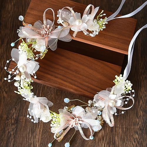 Whakano Blumenstirnband,Blumen Perle Schmetterlingen Blumen-Haarbänder,Haarschmuck Kommunion,Braut Blumenkranz,Glänzender Haarschmuck Kopfschmuck für Damen und Mädchen,Hochzeit,Geburtstag,Party,Weiß