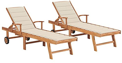 BaraSh Sonnenliegen 2 STK. mit Creme Auflagen Massivholz Teak Sonnenliege Holz Gartenliege Badeliege Klappbar Leicht