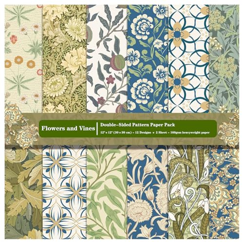 ZAKHSE Motivpapier 30x30cm, 24 Blätter Designpapier mit Blumenmustern, Frühling Motive Doppelseitig Bedruckt Scrapbook Paket, 12 Designs, Bastelpapier Bunt Dekopapier für Kartengestaltung Sammelalbum