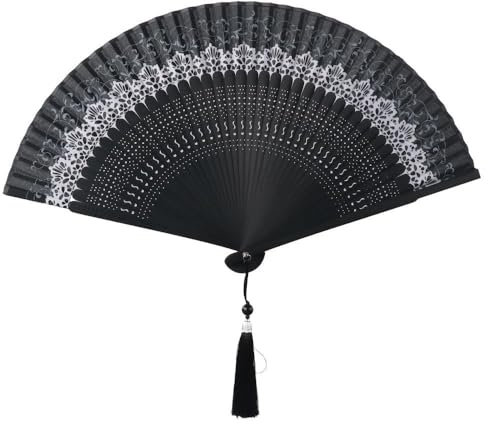 hobbyme Faltbarer Handventilator, chinesischer Vintage-Stil, Handventilator, schwarze Bambus-Seidenfächer für Zuhause, Desktop-Dekoration, zarte, leichte, faltbare Fächer als Geschenk