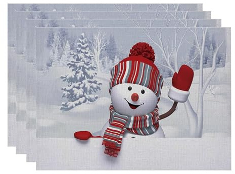 4er Set Platzset Weihnachten Tischset Weihnachten Leinen Platzdeckchen 30x45cm Winter Tischsets mit Kiefern Elch Schneeflocken Weihnachtsdeko (10)