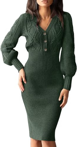 Cicy Bell Damen Strickkleid V-Ausschnitt Kleid Knielang Pulloverkleid mit Knopf Sexy Langarm Kleider Lang Winter Midikleid Dunkelgrün,L