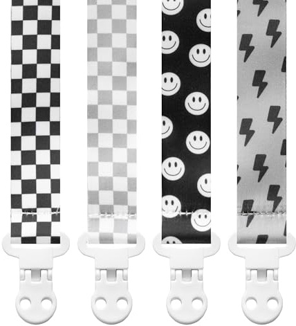 Stadela Baby Pacifier Clip Holder - Boy and Girl Unisex 4 Pack Gift Set – Neutral Retro Checker Smiley Bolts Black Gray