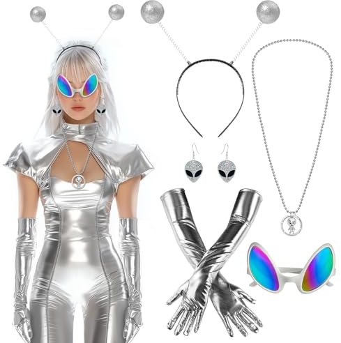 Aurasky Alien Kostüm Set, Aliens Kostüm Zubehör, 5 Stück Alien Haarreif Ohrringe Silberne Handschuhe und Aliens Brille, Damen Space Costume für Karneval Halloween Cosplay Maskerade