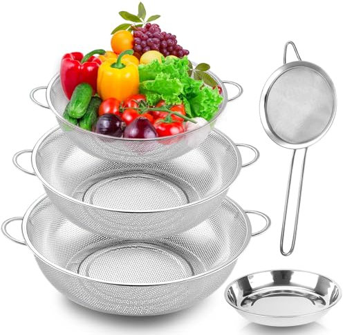 Sieb 5er-Set mit Edelstahl Scheibe - Küchensieb mit Griffe für Ablaufen & Straining Nudeln, Reis, Obst, Gemüse - Feinmaschsieb-Set, Spülmaschinenfest, 19/22/25cm