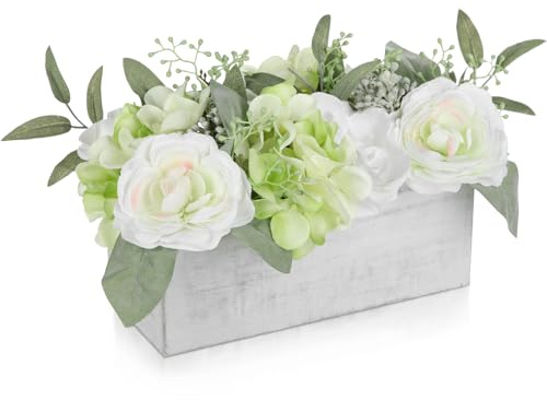 Oairse Artificial Flower Arrangement in Rustic Wooden Box Artificial Flowers in Pot Silk Flowers Centerpiece for Table, Shelf, Home, Office Living Room Decor Farmhouse Faux Floral Display