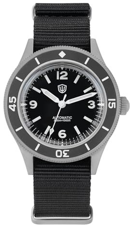 watchdives Montre de Plongée pour Hommes, Montres Automatiques Vintage WD50 Fathoms NH35 NH38, Verre Bombé de 40 mm, Montre-Bracelet de Plongée Étanche à 300 m, Cadran Noir avec Bracelet en Nylon