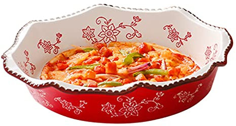 QQNQQ Dinner Plates,Lasagne Dish Large Deep, Large Round Baking Dish, Colorful Ceramic Pie Pan Round Pie Plate, Oven to Table Dinner Plates Quiche Dish Bakeware for Pizza(Red)