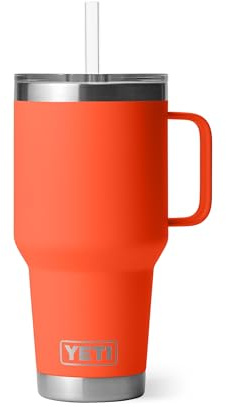 YETI Rambler 35 oz Tumbler with Handle and Straw Lid, Travel Mug Water Tumbler, Vacuum Insulated Cup with Handle, Stainless Steel, Papaya