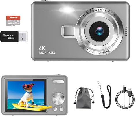 Digitalkamera, UHD 4K 50MP Kamera Fotoappara mit 32GB SD-Karte, 16X Digitalzoom, Wiederaufladbarer Akku, Tragbare Vlog Kamera für Kinder Teenager Student Anfänger (Grau)