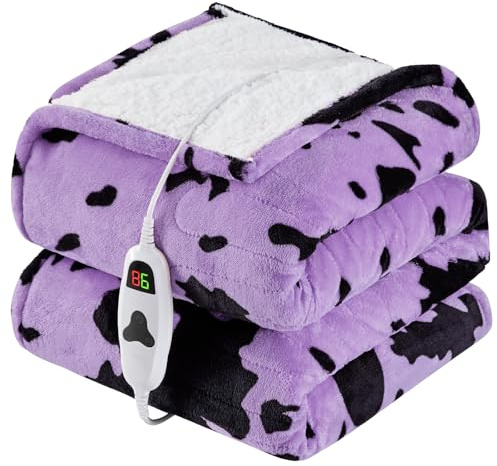 ETL beheizte Heizdecke mit Kuh-Aufdruck, volle Größe, 183 x 213 cm, violett, Heizdecke mit 10 Heizstufen und 8 Stunden automatischer Abschaltung, Hochlandrind-Dekor, Fleece, Sherpa-Decken, wärmer