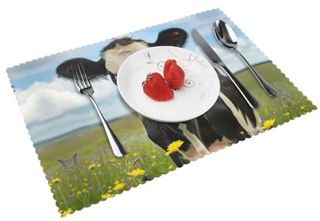 Juego de 4 manteles individuales lavables con estampado de vaca lechera para mesa de comedor, resistentes a las manchas, fáciles de limpiar