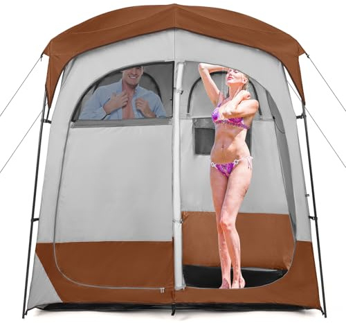 GOPLUS Tente de Douche 2 Personnes, Tente Cabine d'Essayage Portable avec Portes Zippées et 4 Fenêtres, Tente de Vestiaire avec Sac de Transport, pour Camping, Toilettes et Douche, Gris (Brun)