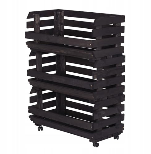 STOLMAK Obstkiste Holz auf Rollen 57 x 79 x 30 cm Kartoffel Obst Gemüse Aufbewahrung Regal mit Körben Stapelkisten Holzkiste Groß Aufbewahren Gemüsekiste 3 Etagen Farbe Schwarz