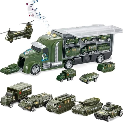 BAKAJI Camion Militare 12 in 1 con Carri Armati Giocattolo da Esercito, Elicottero, Giocattoli Battaglia con Luci e Suoni Realistici, Mini Auto da Guerra, Giochi Simulazione per Bambini e Bambine