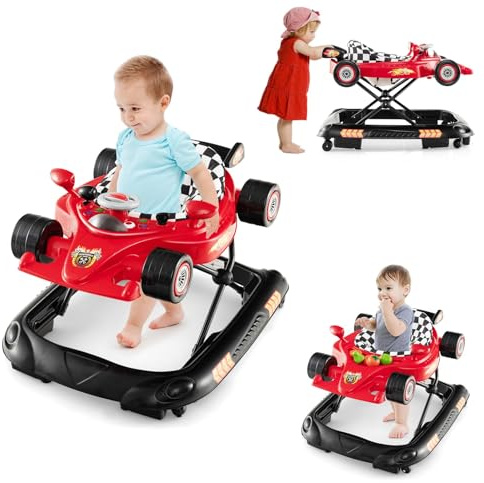 FANTASK Baby Lauflernhilfe 4 in 1, höhenverstellbarer Lauflernwagen Autoförmig mit abnehmbarem Spieltablett, klappbarer Gehfrei mit Musik Licht Rädern für Babys ab 6 Monaten, Rot