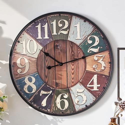 K&L Wall Art Leise Vintage Wanduhr Holzoptik Ø 48cm große Holz Wanduhren ohne Tickgeräusche XL Palettenholz Optik bunt