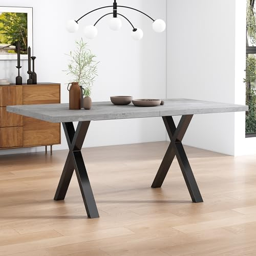 Generisch Modern Rechteckiger Esstisch Couchtisch 140x80x76 cm Kreuzbein-Design Schmiedeeisen Betonoptik Schwarz Minimalistisch Stil MDF Tischplatte
