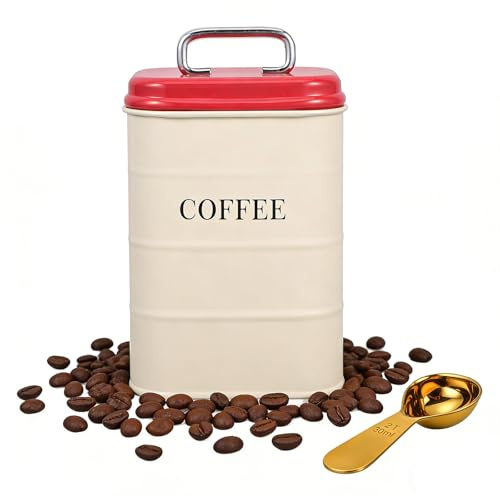 Kisstta Kaffeedose Luftdicht, 1,2L Kaffeebohnen Behälter mit 30ML Messlöffel, Metall Kaffeebehälter für Kaffeebohnen, Kaffeepulver, Nüsse, Tee, Zucker, Mehl (Rot 1)