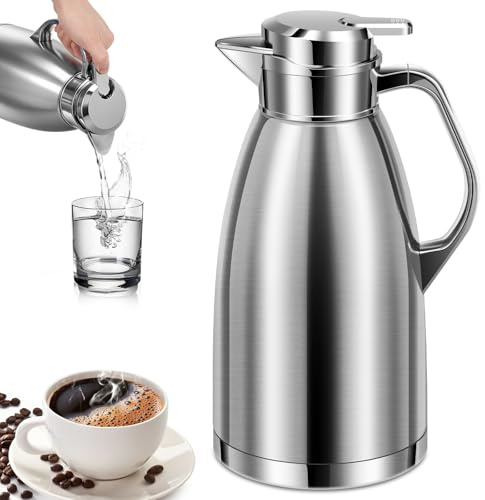 Thermal Coffee Jug,2.3L Thermal Carafe with Stainless Steel Liner, Double Insulated Carafes with Press Button for Keeping Hot,Vacuum Teapot for Coffee/Juice/Milk/Tea, Home & Office(Silver)