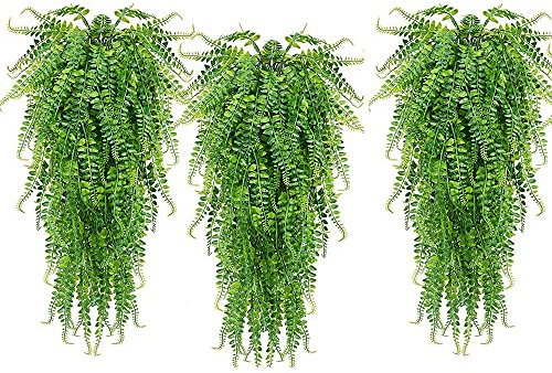 Generchin 3 PièCes Artificielles FougèRes Suspendues Plantes Vigne Faux Lierre Boston FougèRe Plante Suspendue en Plein Air RéSistant Aux UV Plantes en Plastique (Vert)