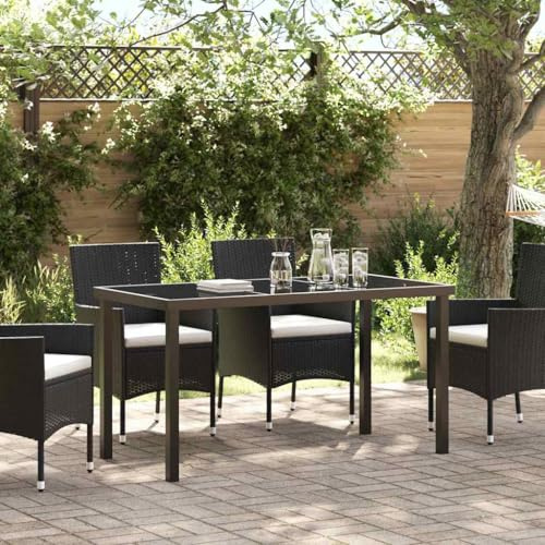 VIHHQGC Black Metal Garden Table with Glass Top, Contemporary Outdoor Dining Table, Stylish Metal Garden for Outdoor Use, 140 x 70 x 73 cm Modern Patio Furniture with Tempered Glass
