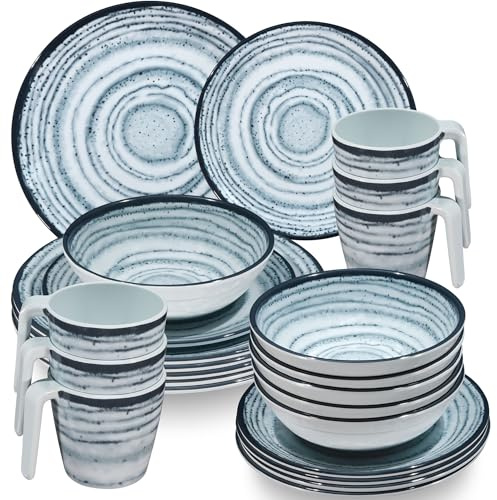Service de table en mélamine pour 6 personnes - Bleu - Aspect pierre - Passe au lave-vaisselle - Accessoire de camping - Vaisselle de camping - Pour festival, pique-nique, fête dans le jardin