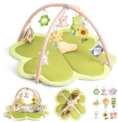 LADIDA Baby Play Mat & Activity Gym, Larger Four-Leaf Clover Shaped Tummy Time Mat Suitable for Babies 0-36 Months (Olive Green)