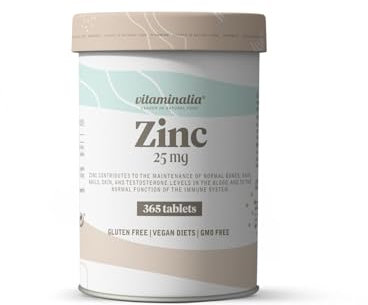 Gluconato de Zinc (25mg de Zinc) de Vitaminalia | 365 Tabletas para 1 Año de Suplementación = 1 Comprimido al Día | Alta Biodisponibilidad | No-GMO, Vegano, Sin Gluten