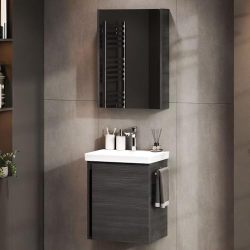 Planetmöbel Waschtisch mit Unterschrank 50 cm, Spiegelschrank 50cm | Badmöbel Set mit Waschbecken, hängend, anthrazit