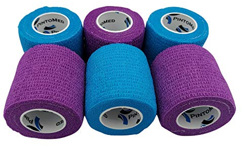 PintoMed Selbstklebender Verband - Gedehnt - 3 x Lila + 3 x HellBlau - 5cm x 4,5m - Bandagen Rollen Haftbandage Fixierbinde Health Pflaster, Sport Tape; Stück für Handgelenk, Bein, Arm, Vet Wrap