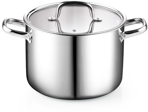 Cook N Home Stainless Steel Stockpot 8 Quart, Tri-Ply Clad Soup Pot with Glass Lid, Induction Compatible, Heavy Duty Canning Pot, Dishwasher Oven Safe, Silver