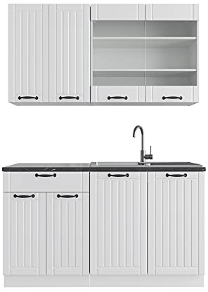 Vicco Singleküche Fame-Line, Weiß Landhaus/Weiß, 140 cm | 4 Module · Höhenverstellbare Füße · Ohne Arbeitsplatte · MDF-Fronten · Softclose · Metallgriffe