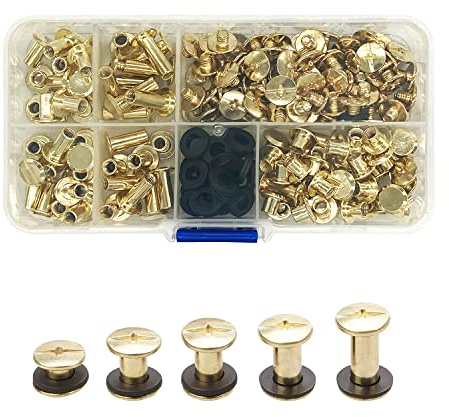 JJWNMLL 80 Set Chicago Schrauben Bindungsschrauben, 5/8/10/12/15mm Schrauben Nagelnieten Schraubenpfosten Metall Nagelnieten Chicago Knopf,für Leder Brieftasche Dekoration Buchbinderei (Gold)