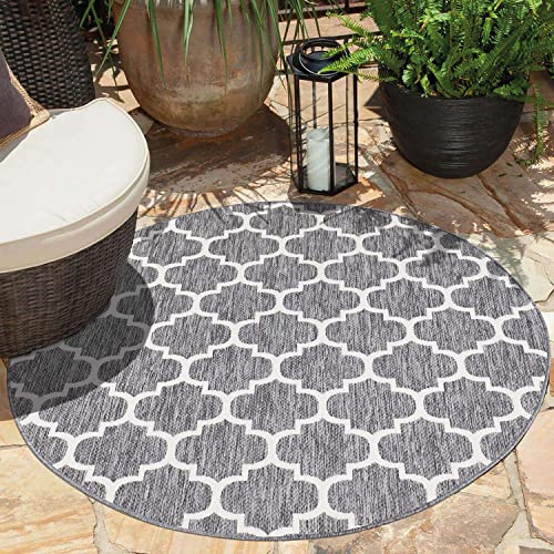 carpet city Outdoor-Teppich Wetterfest Balkon Terrassen - Grau in 160x160 cm Rund - Deko Teppiche Außen Wasserfest - Balkondekoration Marokkanisch Wohnzimmerteppiche