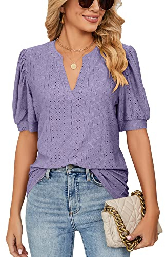 Decorie Bluse Damen Sommer Tshirt V Ausschnitt Kurzarm Damen Oberteile Elegant Damenblusen Casual Blusenshirt Tunika (B-Lila,XXL)