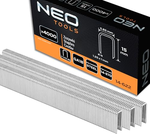 NEO TOOLS Verzinkte Heftklammern für Drucklufthefter (15 mm) | Modell 14-570, GA18, Typ 90 (4K), Länge 10-40 mm, 4000 Stück, Aus Stahldraht, Korrosionsbeständig