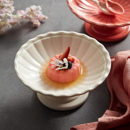 XNSHUN Dessertschalen Mit Fuß Salatschüssel Keramik, Schale Mit Gewellten Rändern, Dessertschale, Glasschale, Salatschüssel Für Obst, Vorspeise, Eiscremegläser, Pudding Schalen (Weiß)