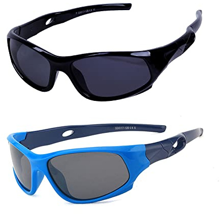 JoXiGo 2 Pack Polariserade Sportsolglasögon Barn Flickor Pojkar (Åldrar 3-12) Flexibel Gummiram Glasögonrem Mjukt Solglasögon Fodral, Svart + blå, M