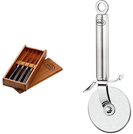 RÖSLE Steakmesser-Set 4-tlg., Hochwertige Steakmesser Schwarz, 4 x 25.2 x 11 cm, 4 Stück & Pizzaschneider, Hochwertiges Pizzamesser mit stabilem Rad, beidseitig geschliffene Klinge, Edelstahl 18/10