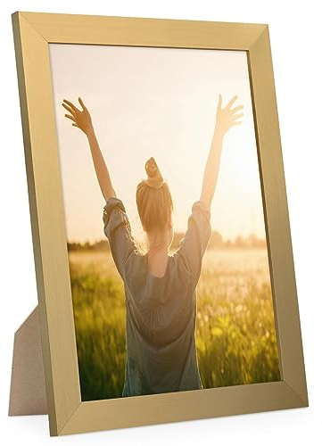 PHOTOLINI Bilderrahmen A4 Holz MDF Gold, breiter DIN A4 Bilderrahmen 21x30 gold, Bilder Rahmen 21x30 din a 4 mit Acrylglas, picture frame zum Aufhängen & Aufstellen, Bilder Rahmen 30x21 mit Zubehör