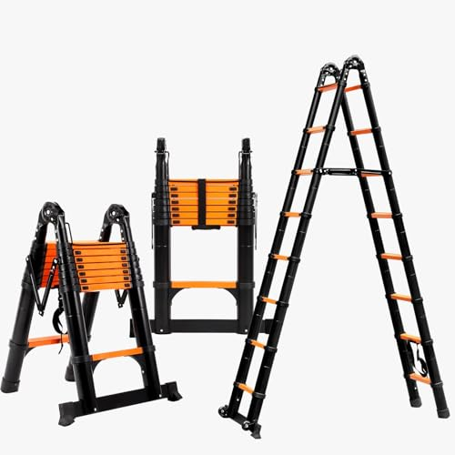 FEETE 3.8m A Frame Teleskopleiter,leichte Ausziehleiter mit Balancierstange und beweglichem Rad,kompakte Leiter,Kapazität Teleskopleiter,RV zusammenklappbare Leiter für Zuhause(3.8M Orange & Schwarz)
