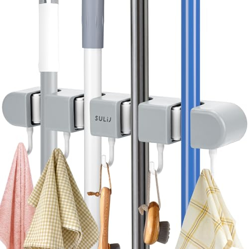TAOPE Besenhalterung Wand Selbstklebend, Wandhalterung Besen mit 4 Halter 5 Haken & Ohne Bohren, Grau Gerätehalter Mop Halter für Küche, Badezimmer, Garten, Balkon, Zuhause, Garage