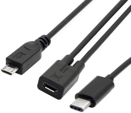 NFHK USB-C to MicroUSB Adapter, 2-Port, AWG 28, Black Micro USB Female to USB-C Type C USB 3.1 Micro USB Male Splitter Extension Charge Cable
