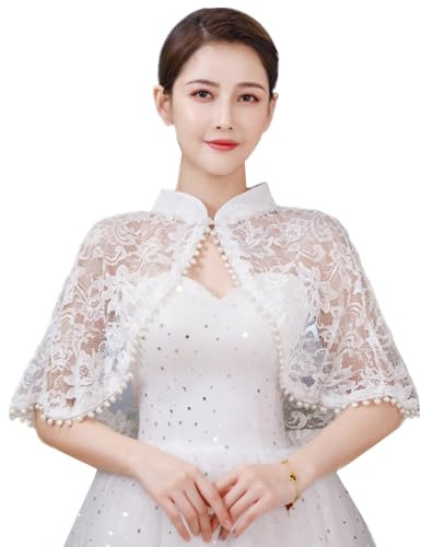 SamHeng Châle de Mariage en Dentelle pour Femmes, Blanc Collier Pendentif en Perles Châle Wrap de Fête du Soir Mariée Cache-épaule Front Ouvert Boléro Châle Shrug Cardigans Elégant Capelet