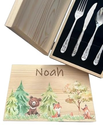 DEschenk - Couvert Enfant Personnalisé avec Gravure du Nom - Couvert Pat Patrouille pour Enfants - Set de Couvert Personnalisé Enfant Idéal pour Cadeaux Uniques (SET DE ANIMAUX DE LA FORET)