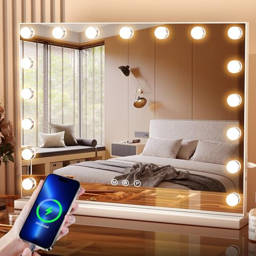 Aovquof Hollywood Spiegel mit Beleuchtung, Schminkspiegel mit 14 LED-Leuchten, 3 Lichtmodi, mit USB und 10x Vergrößerung, Tischplatte oder Wandhalterung für Schlafzimmer (60×53cm)