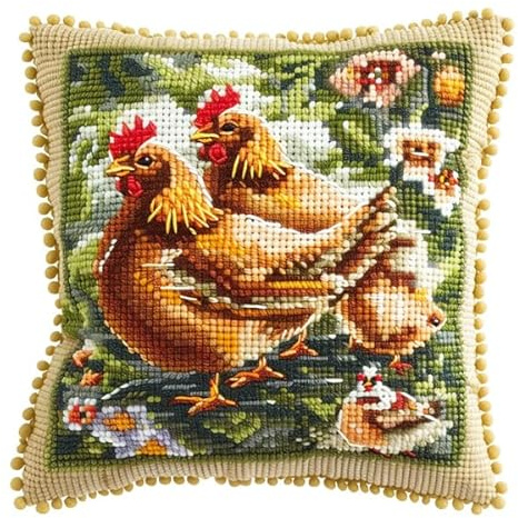 Lfynior Kreuzstich Kissen Set Huhn Stickkissen mit Muster 45X45cm Stickpackung Stickset Kreuzstich Kissen zum Basteln Stickkissen Stickpackung mit Vorgedruckt Kreuzstichmotiv